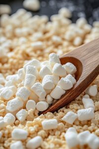 Close-up of mini marshmallows on a wooden spoon surrounded by rice cereal, showcasing the key ingredients for making Rice Krispie treats