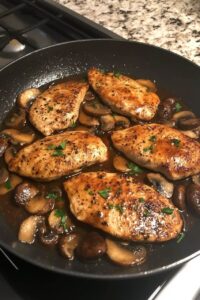 Chicken breasts simmering with mushrooms in a pan, coated with a rich Marsala sauce.