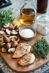 A wooden cutting board with seasoned chicken breasts, fresh mushrooms, thyme, flour, olive oil, and other ingredients for preparing chicken marsala.