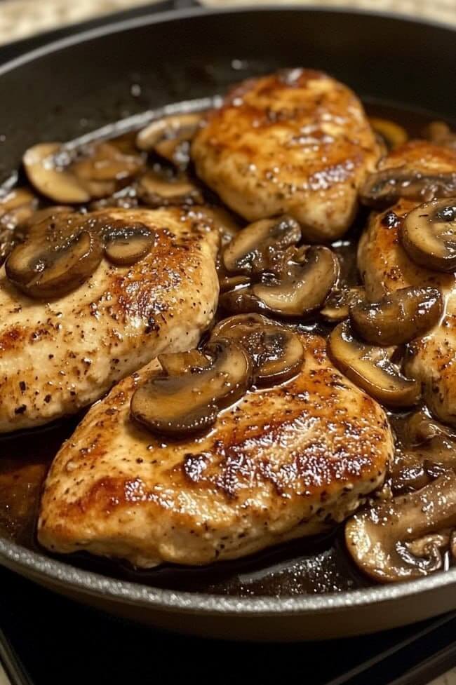 Golden-brown chicken breasts in a skillet with mushrooms, simmering in a Marsala wine sauce.