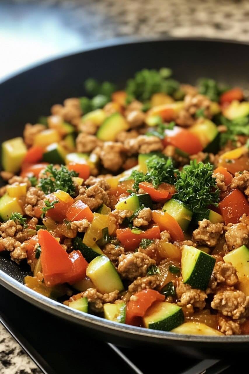 A skillet filled with cooked ground turkey, zucchini, bell peppers, tomatoes, and fresh parsley for a healthy and colorful dish