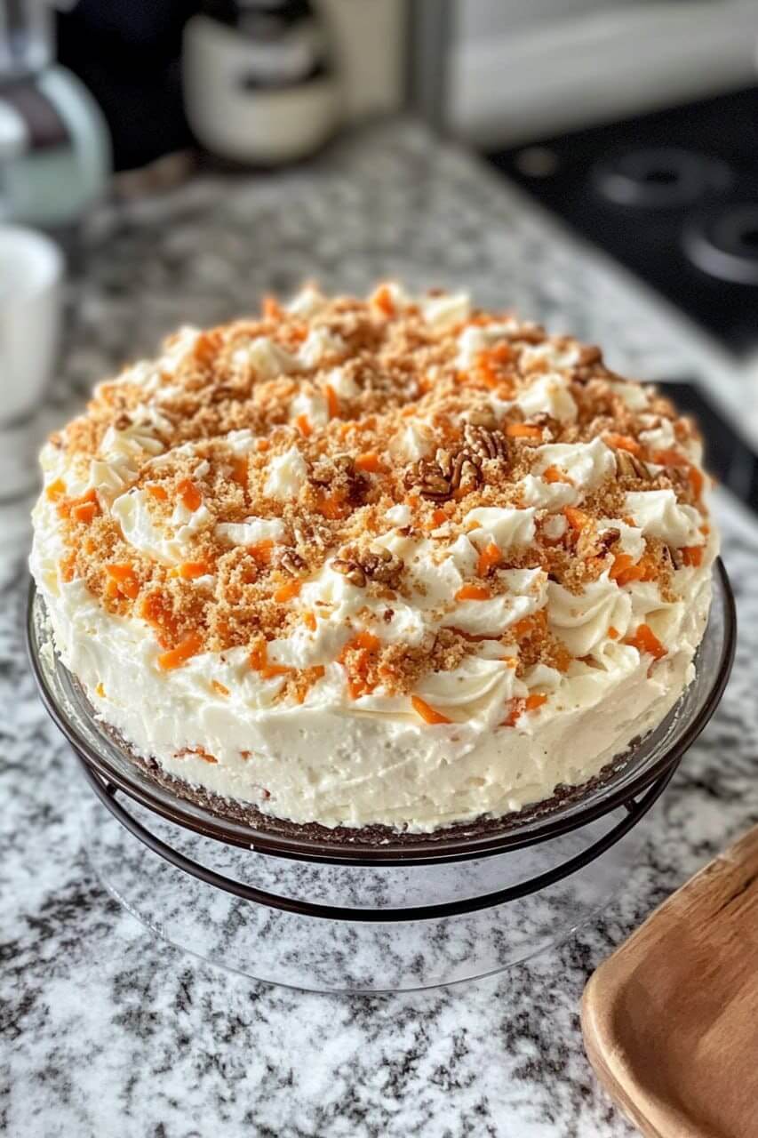 A beautifully frosted carrot cake topped with cream cheese icing, grated carrots, and crumbled nuts, displayed on a kitchen counter.