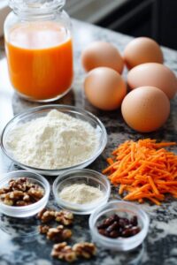 Ingredients for a carrot cake recipe arranged on a countertop, including eggs, shredded carrots, flour, orange juice, walnuts, raisins, and spices.