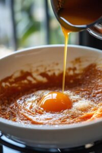 Egg yolk and orange liquid being added to a bowl of carrot cake batter mixture