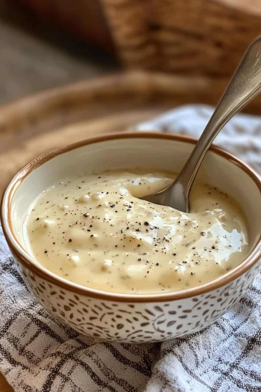 A bowl of creamy homemade Alfredo sauce topped with freshly cracked black pepper, served with a spoon on a cloth napkin