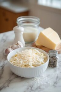 A bowl of fettuccine pasta topped with Alfredo sauce and grated Parmesan cheese, accompanied by ingredients such as garlic, milk, Parmesan, and seasonings