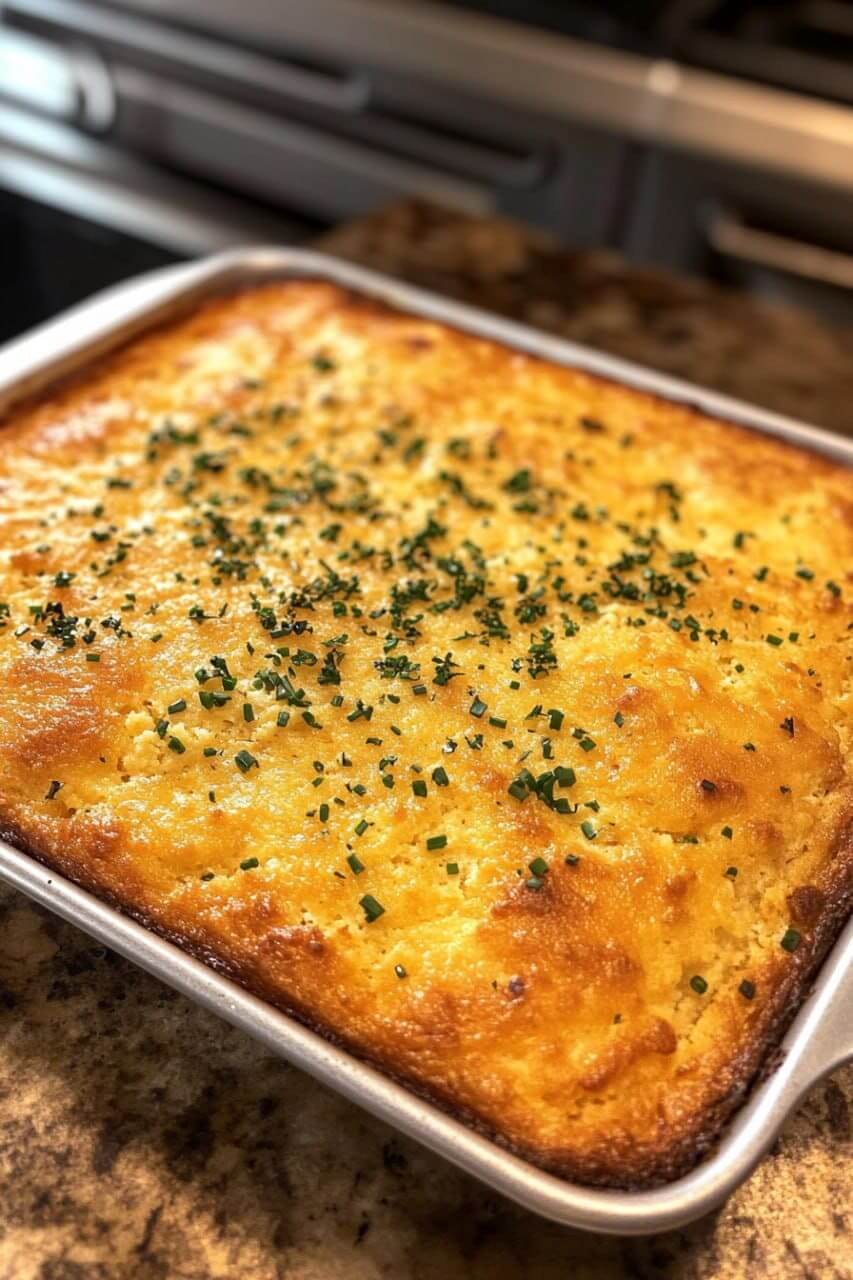 Freshly baked cornbread in a rectangular baking pan, topped with finely chopped herbs for garnish