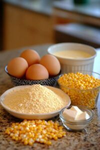 Ingredients for cornbread recipe, including cornmeal, eggs, butter, milk, and whole corn kernels, arranged on a kitchen counter.