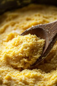 A wooden spoon scooping up freshly prepared cornbread batter, showcasing its thick and grainy texture