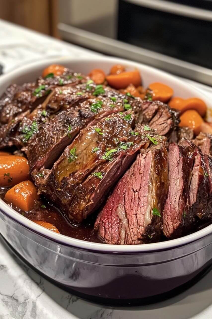 Sliced chuck roast served in a dish with tender carrots, garnished with fresh herbs and a savory sauce.