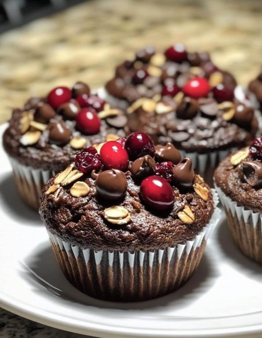 Chocolate cranberry oat muffins topped with fresh cranberries, chocolate chips, and oats, served on a white plate.