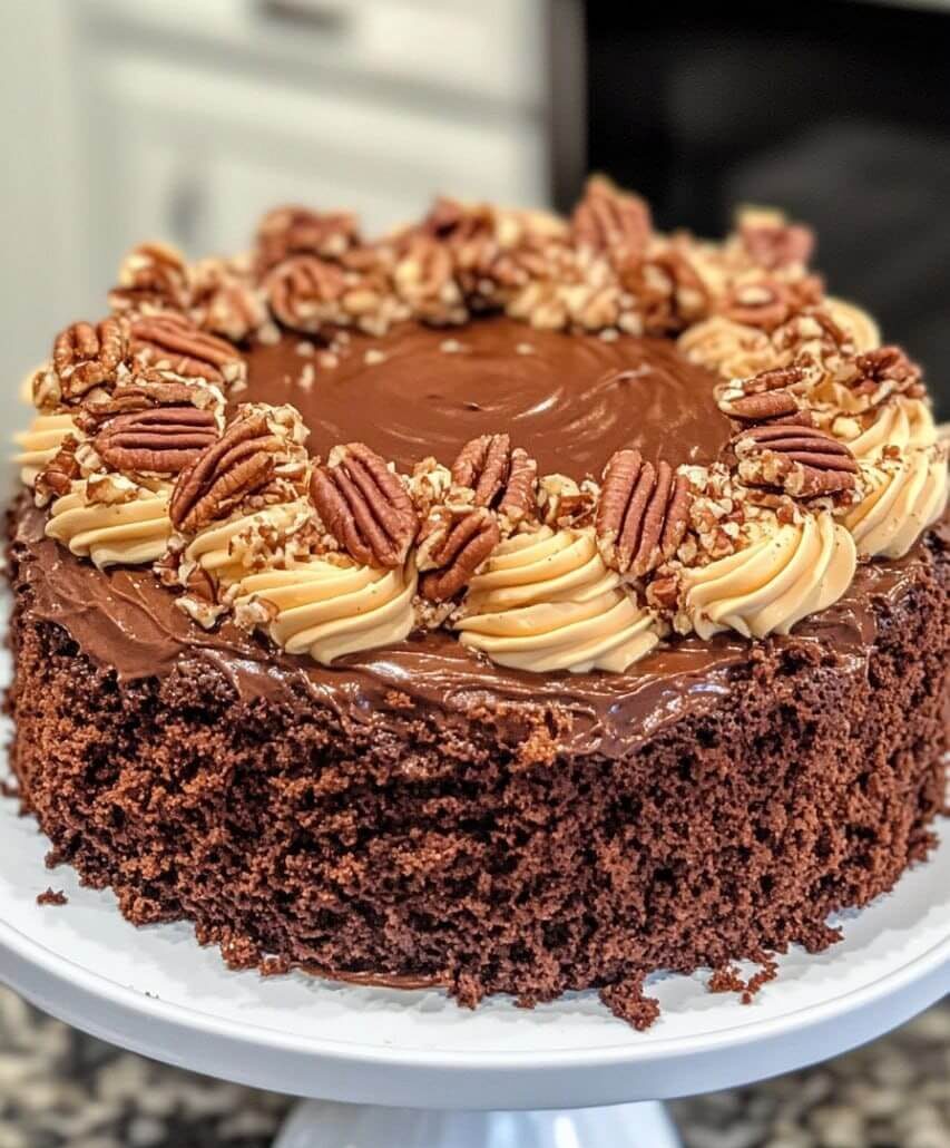 A beautifully decorated German chocolate cake with rich chocolate frosting, piped cream swirls, and topped with pecans and chopped nuts