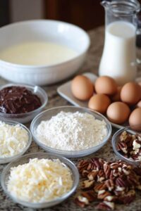 Ingredients for German chocolate cake, including eggs, flour, pecans, shredded coconut, milk, and chocolate frosting, arranged on a countertop.