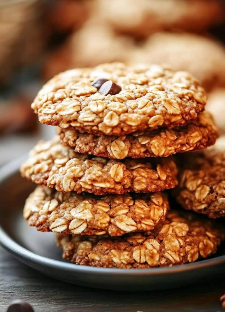 A stack of freshly baked oatmeal cookies with golden-brown oats and a chocolate chip garnish, placed on a plate.