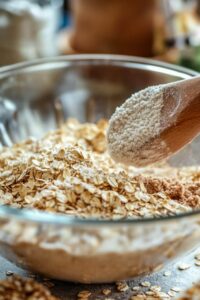 A mixing bowl filled with oats, brown sugar, and a wooden spoon adding flour, preparing for oatmeal cookie dough.