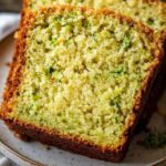 Two slices of freshly baked zucchini bread with a moist texture and specks of green zucchini, served on a plate.