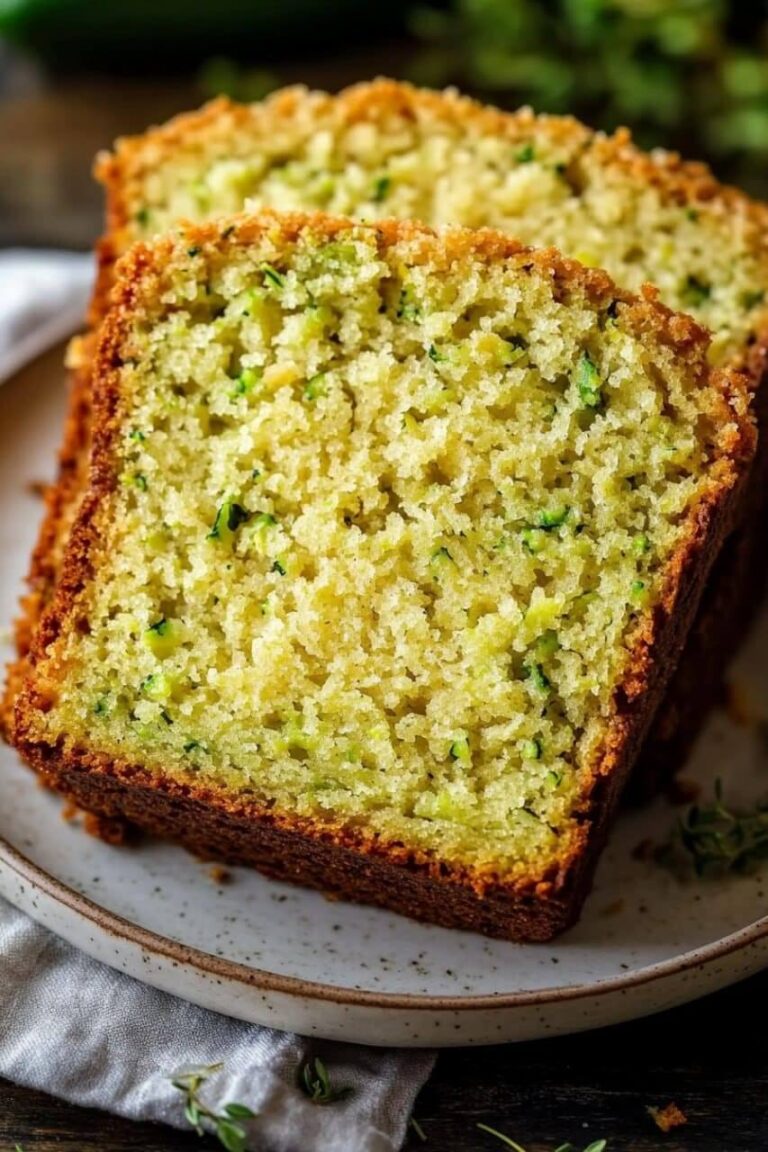 Two slices of freshly baked zucchini bread with a moist texture and specks of green zucchini, served on a plate.