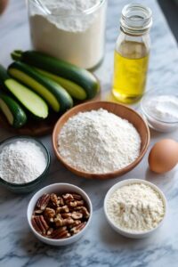  Ingredients for zucchini bread, including fresh zucchini, flour, eggs, nuts, and oil, arranged on a marble countertop.