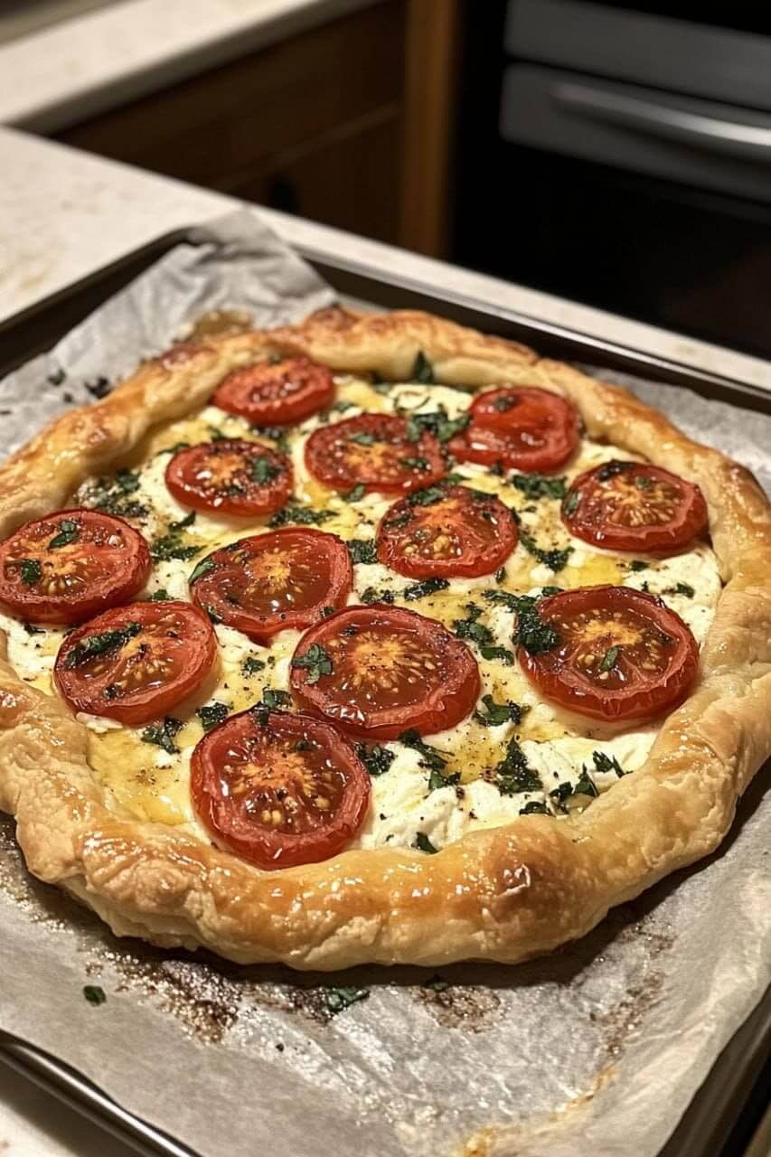 A freshly baked Tomato Ricotta Galette with golden puff pastry, creamy ricotta filling, and vibrant tomato slices garnished with fresh herbs.