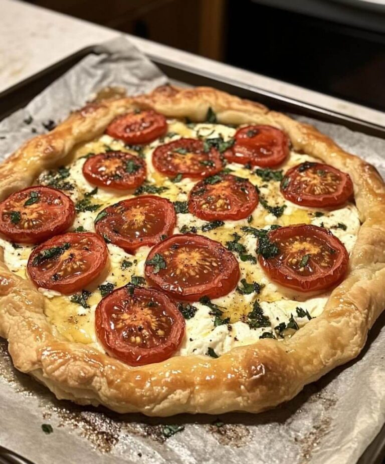 A freshly baked Tomato Ricotta Galette with golden puff pastry, creamy ricotta filling, and vibrant tomato slices garnished with fresh herbs.