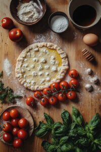 Ingredients for a Tomato Ricotta Galette, including a prepared crust topped with ricotta, fresh cherry tomatoes, basil, garlic, flour, and an egg arranged on a wooden surface.