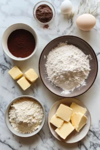 Ingredients for pancakes, including flour, butter, eggs, and cocoa powder, arranged on a marble countertop.