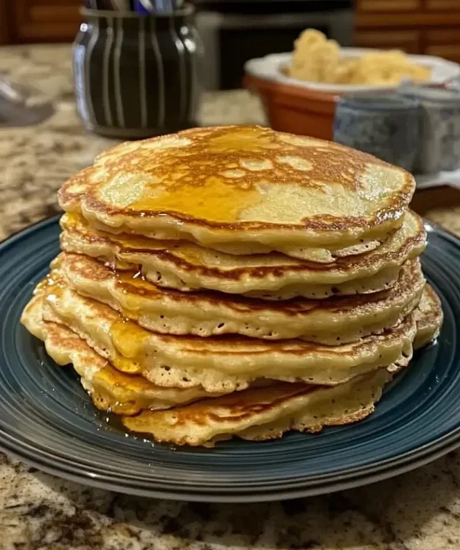 A stack of homemade pancakes drizzled with syrup, served on a dark plate, with a kitchen setup in the background