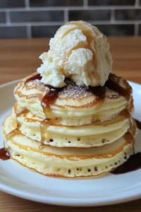 A stack of fluffy pancakes recipe topped with a scoop of whipped cream and drizzled with maple syrup on a white plate.