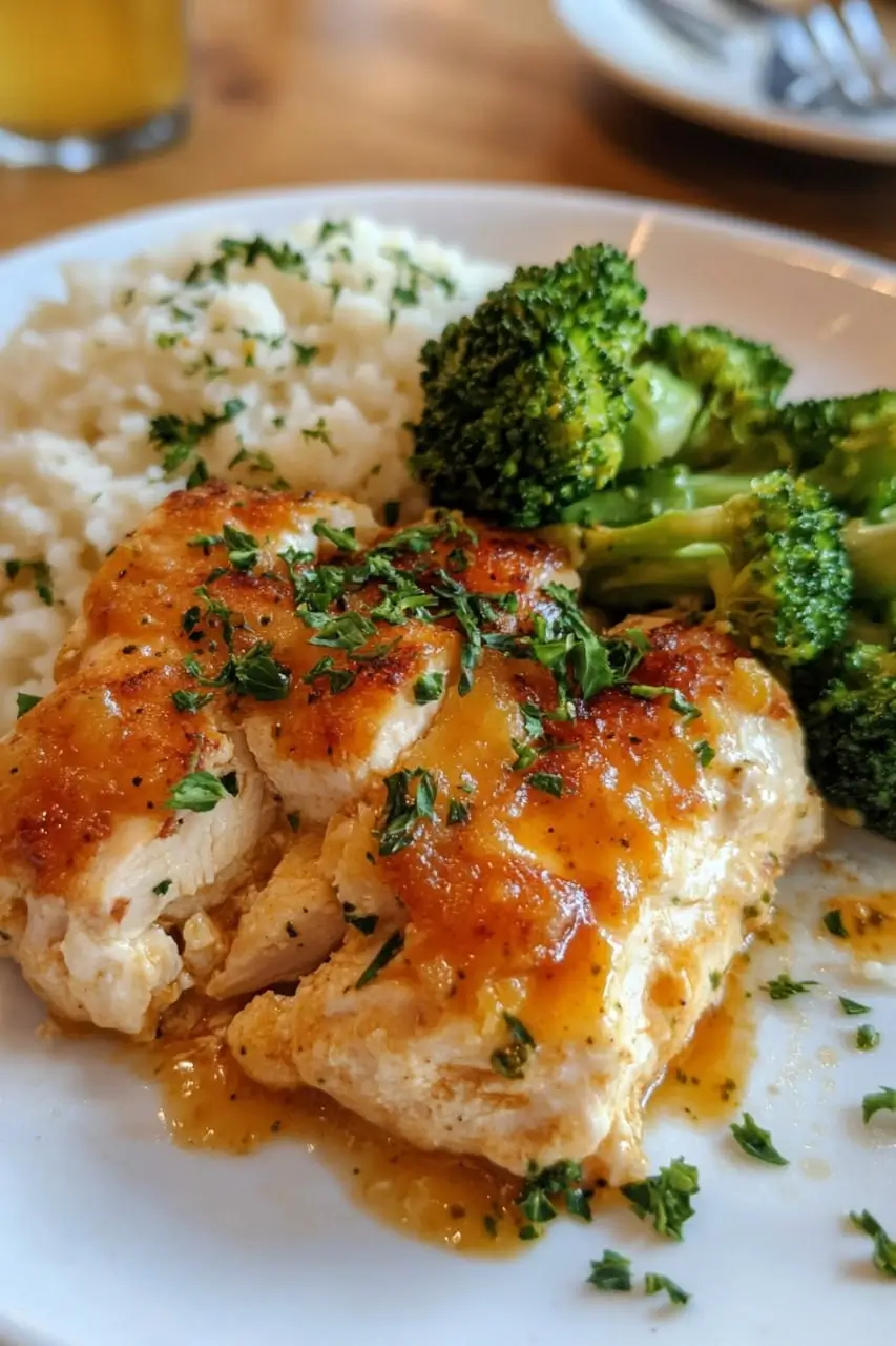 Plate of chicken casserole served with steamed broccoli and white rice, garnished with fresh parsley.