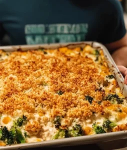 A freshly baked chicken casserole topped with a golden breadcrumb crust, held by a person in a dark shirt