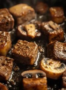 Garlic butter steak bites and mushrooms sizzling in a pan, seared to perfection with a rich, glistening sauce.