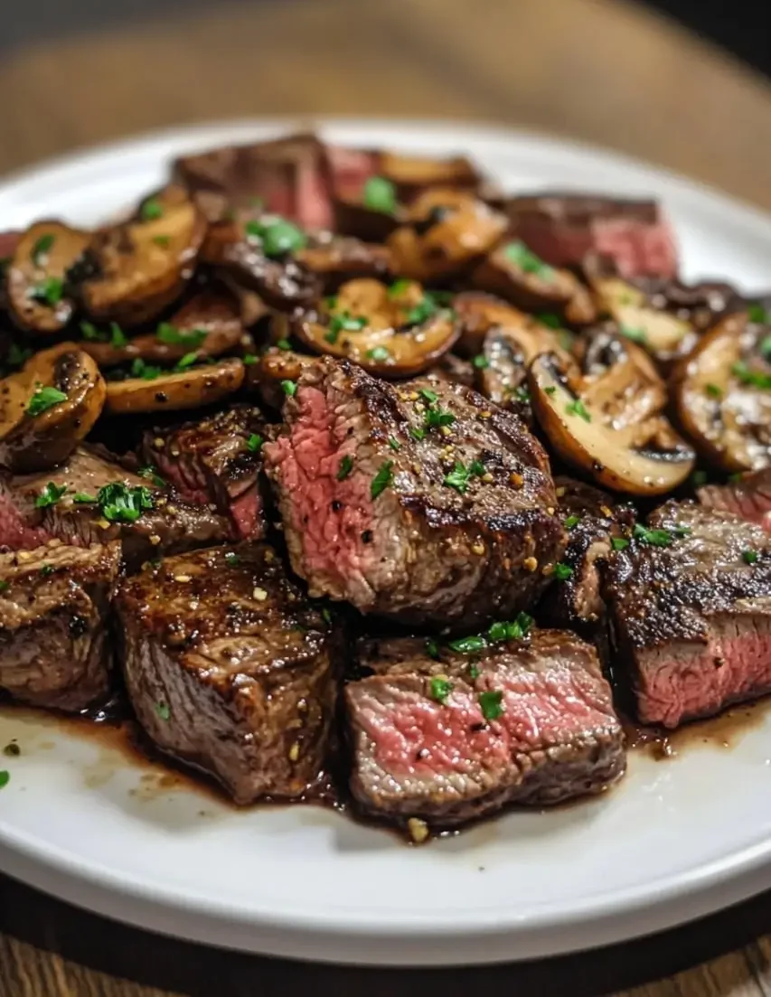 A plate of garlic butter steak bites cooked to medium-rare with sautéed mushrooms, garnished with fresh chopped parsley.