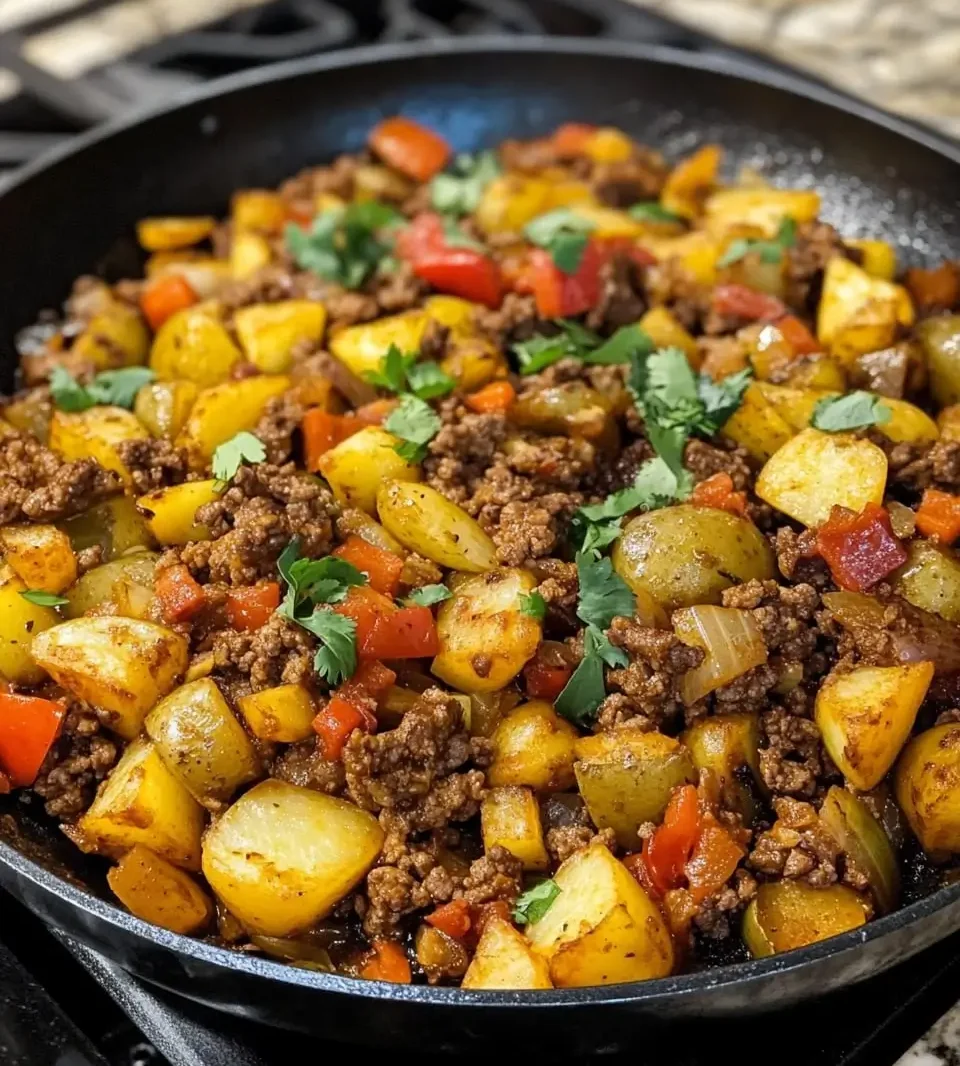 A skillet filled with Tex-Mex ground beef and potatoes, mixed with diced bell peppers, onions, and fresh cilantro, cooked to perfection.