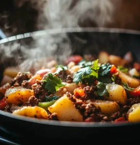 A sizzling skillet filled with Tex-Mex ground beef and potatoes, garnished with fresh cilantro, with steam rising from the dish.