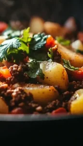 A sizzling skillet filled with Tex-Mex ground beef and potatoes, garnished with fresh cilantro, with steam rising from the dish.