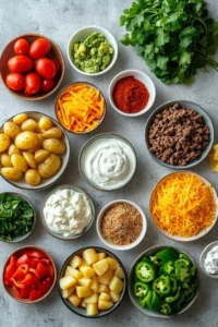 Fresh ingredients for a Tex-Mex ground beef and potato dish, including cherry tomatoes, shredded cheese, guacamole, sour cream, spices, ground beef, potatoes, jalapeños, cilantro, and bell peppers arranged on a light-colored surface.