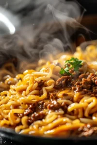 A steaming hot skillet of Mongolian ground beef noodles, coated in a rich, savory sauce and garnished with fresh herbs.