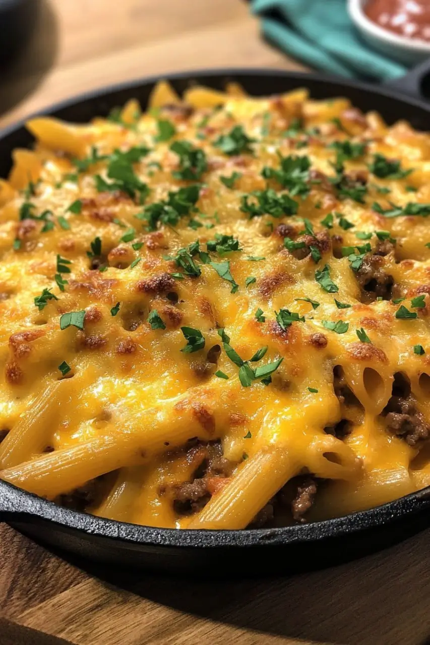 A cheesy, golden-brown baked cheeseburger pasta in a cast-iron skillet, topped with fresh parsley.