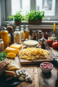 A rustic kitchen setup with fresh ingredients for easy cheeseburger pasta, including penne pasta, shredded cheese, sliced mushrooms, cheddar cheese, tomatoes, herbs, and sauces.