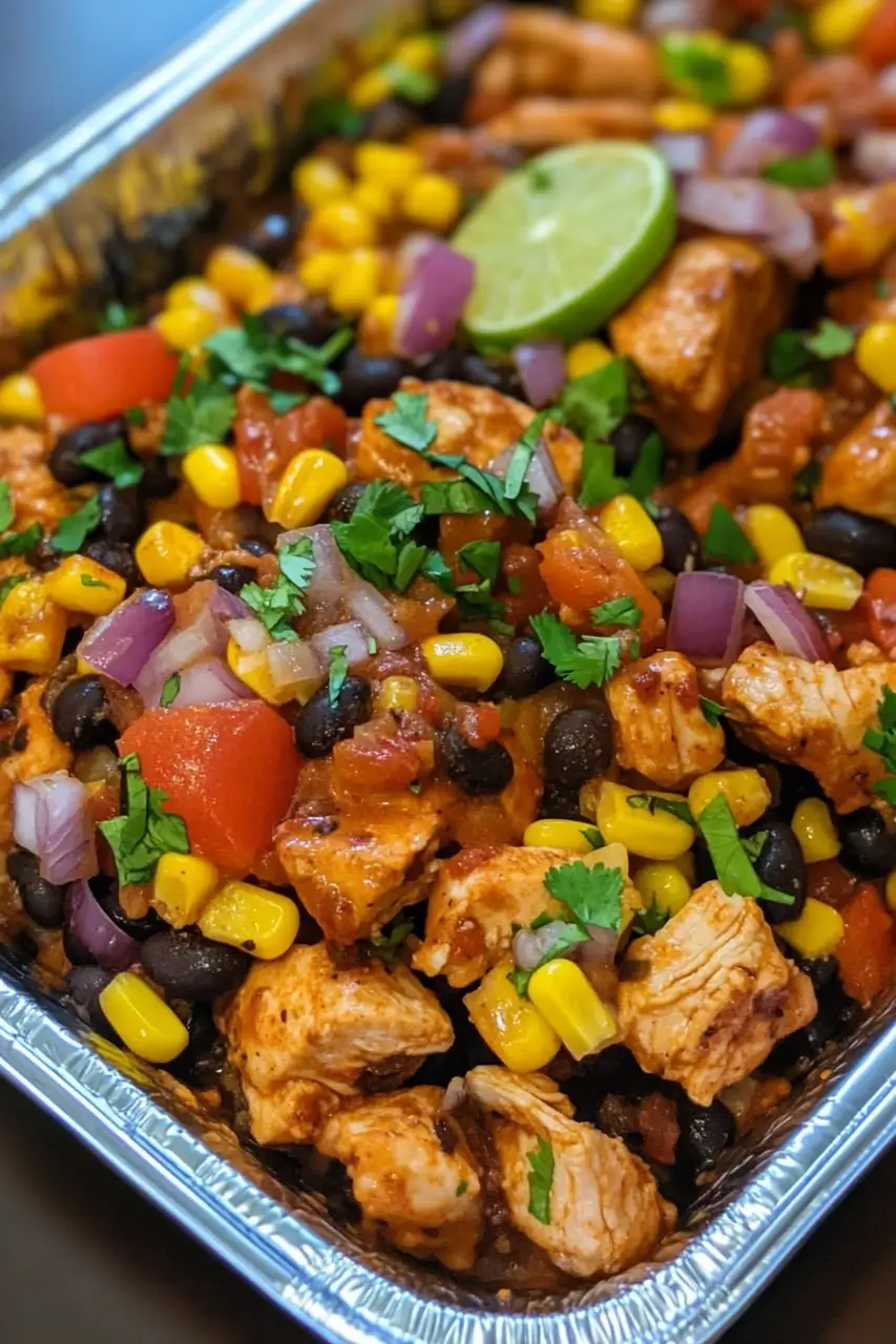 A close-up of a baked Chicken Taco Dump in a foil tray, featuring tender chicken chunks, black beans, corn, diced tomatoes, red onions, and fresh cilantro, garnished with a lime slice.