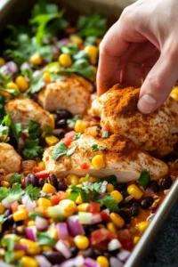 A close-up of a hand seasoning raw chicken breasts with taco spices in a sheet pan filled with black beans, corn, diced tomatoes, red onions, and fresh cilantro, preparing for a Chicken Taco Dump bake.