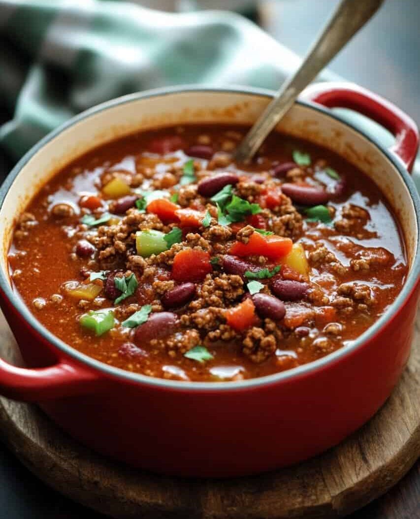 A hearty bowl of Wendy’s-style chili served in a red Dutch oven, filled with seasoned ground beef, kidney beans, diced tomatoes, and fresh herbs.