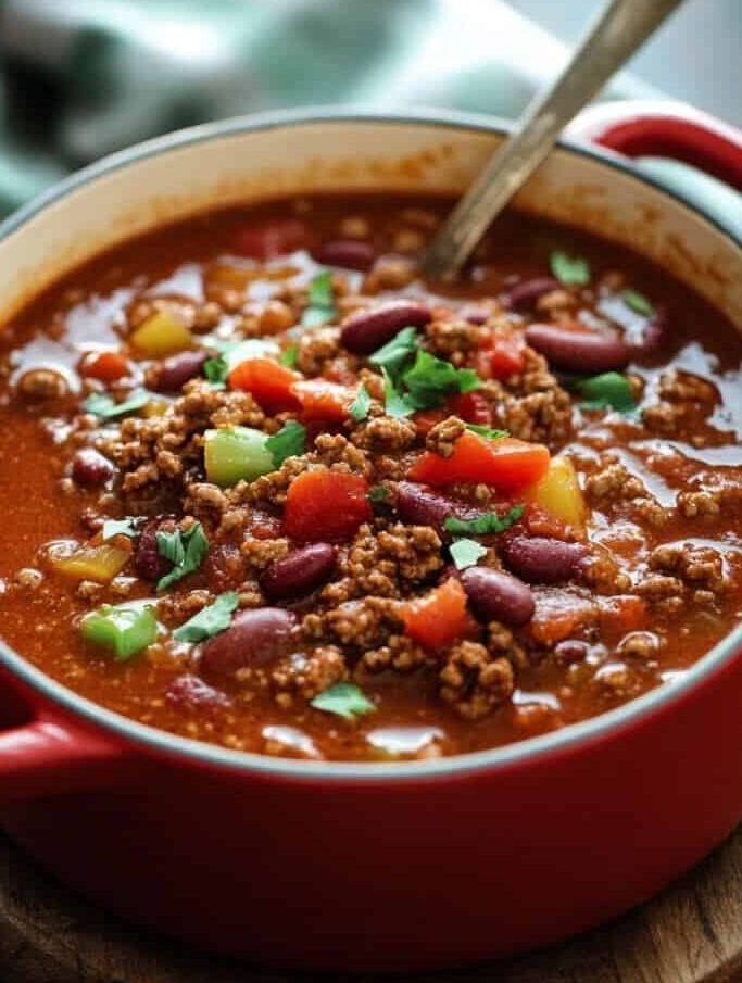 A hearty bowl of Wendy’s-style chili served in a red Dutch oven, filled with seasoned ground beef, kidney beans, diced tomatoes, and fresh herbs.