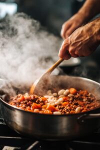 A steaming pot of homemade chili with ground beef, kidney beans, white beans, and tomatoes being stirred with a wooden spoon.