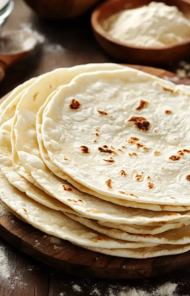 A stack of freshly made homemade tortillas with golden brown spots, placed on a wooden cutting board surrounded by bowls of flour, oil, and other ingredients.