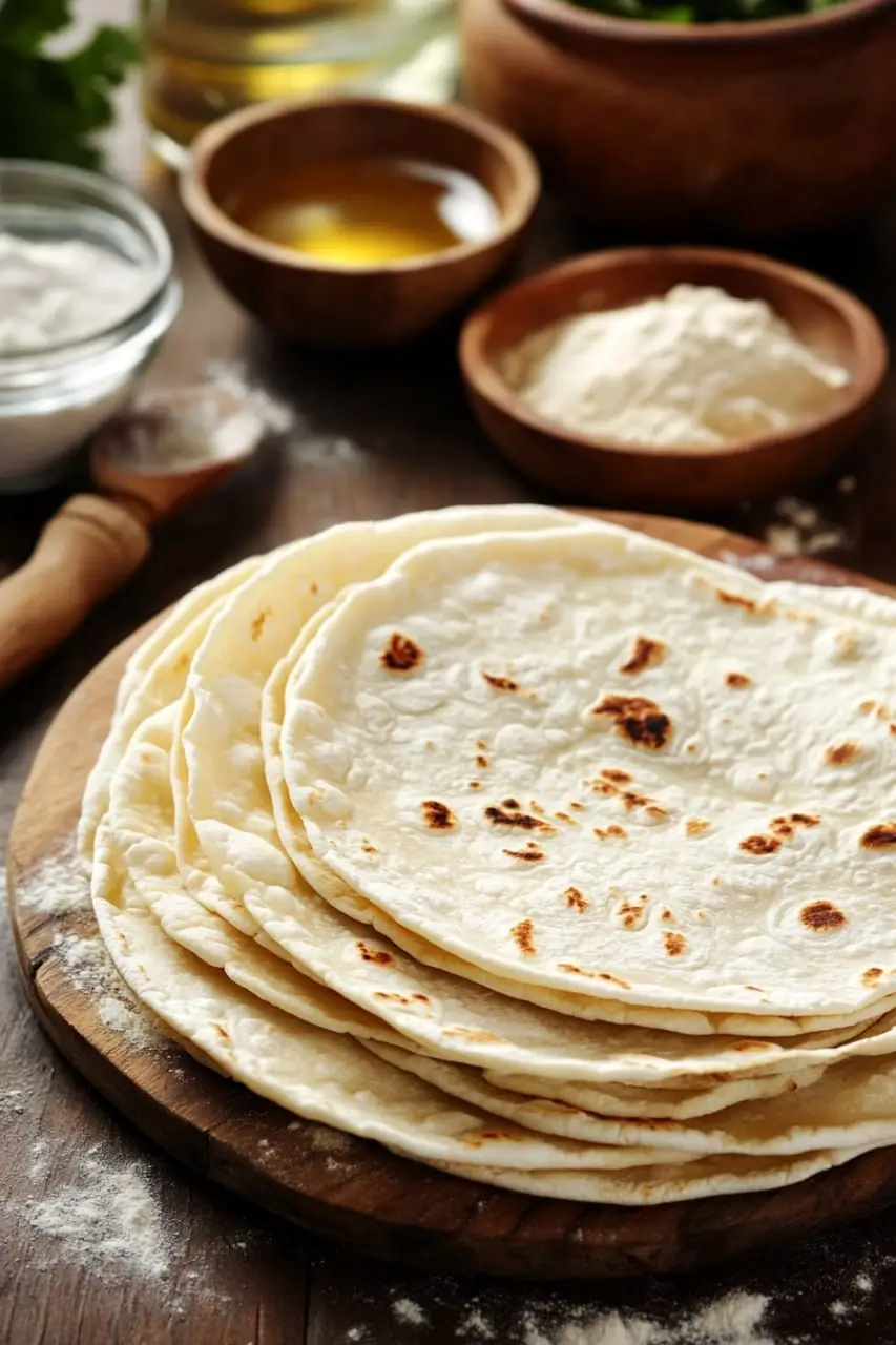 A stack of freshly made homemade tortillas with golden brown spots, placed on a wooden cutting board surrounded by bowls of flour, oil, and other ingredients.