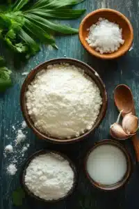 A rustic flat-lay of ingredients for homemade tortillas, including flour, salt, milk, garlic, and fresh herbs, arranged on a textured wooden surface.