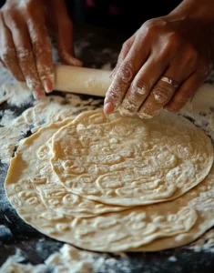 Hands rolling out fresh homemade tortillas on a floured surface, showcasing the rustic and traditional process of tortilla-making.