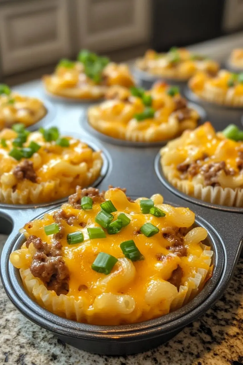 Freshly baked Mac and Cheese Cowboy Cups in a muffin tin, topped with melted cheddar cheese, ground beef, and chopped green onions.