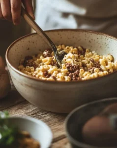 A person stirring a bowl of macaroni and cheese mixed with seasoned ground beef using a wooden spoon, preparing the filling for Mac and Cheese Cowboy Cups.